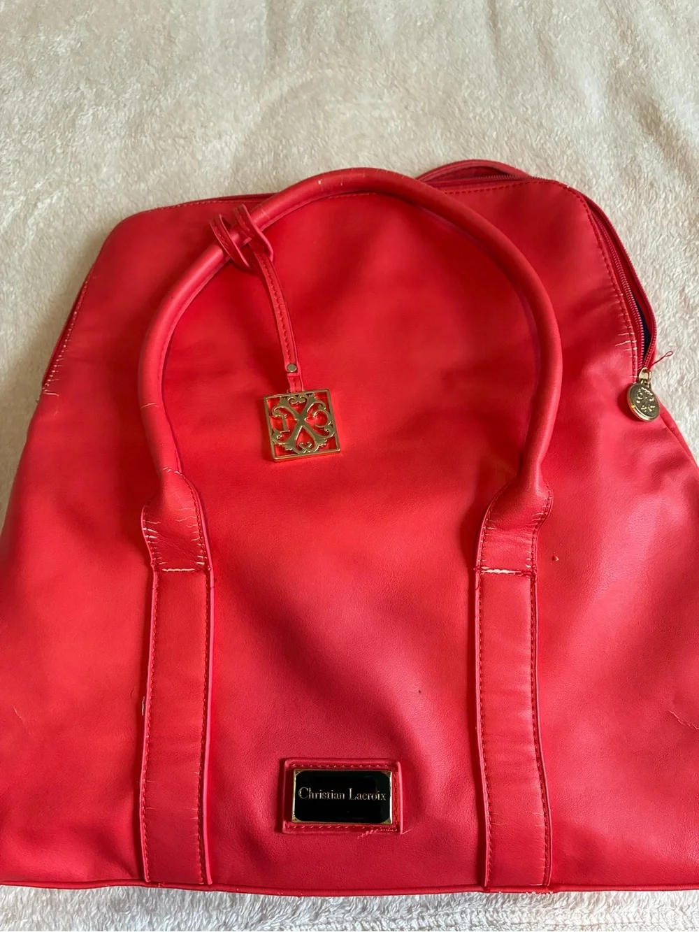 Christian Lacroix Vibrant Red Leather Tote with Gold Accents
